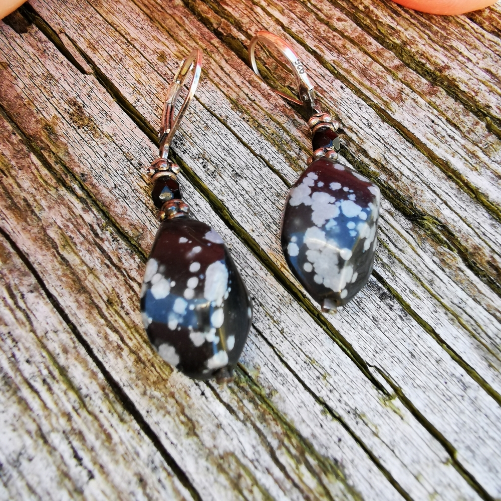 Snowflake Obsidian Black and Gray Swirled Stone Earrings on 925 Silver